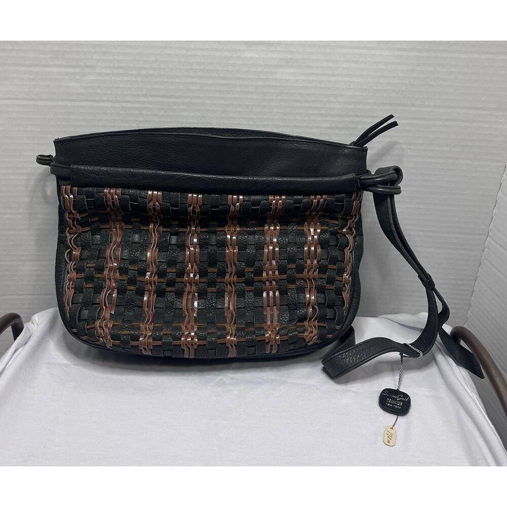 Vintage Susan Gail Black Brown Woven Leather Shoulder Bag Purse Italy